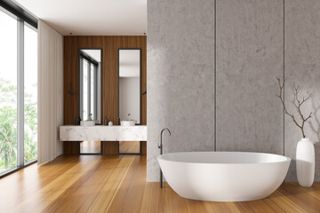 Naklejka na ściany i meble Light bathroom interior with tub and sink near panoramic window. Empty wall