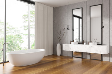Naklejka na ściany i meble Corner view on bright bathroom interior with double sink, bathtub