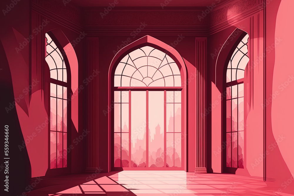 Poster huge windows and a realistically large space. empty room in red. a representation. generative ai