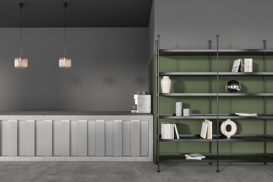 Grey cafe interior with bar counter and shelf with decoration