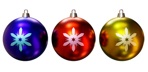 set of three festive balls red yellow gold, blue, decorative balls for the Christmas tree, diamond ornament, decorative snowflakes