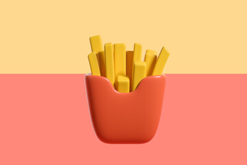 French fries in red mock up package on yellow pink background
