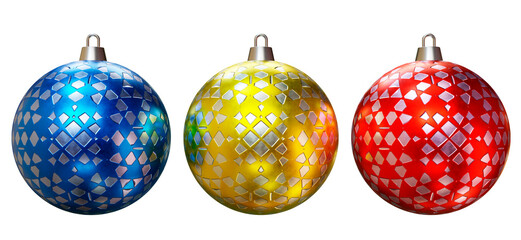 set of three festive balls red yellow gold, blue, decorative balls for the Christmas tree, diamond ornament