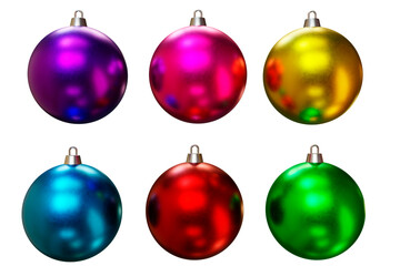set of six festive balls of different colors, decorative balls for the Christmas tree 3d render