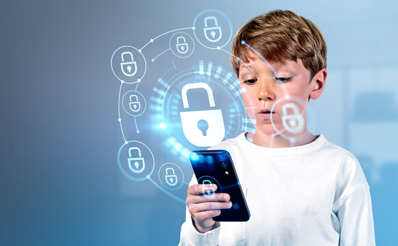Kid boy with phone, cybersecurity hologram and padlock circuit