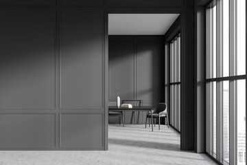Front view on dark living room interior with armchairs, table