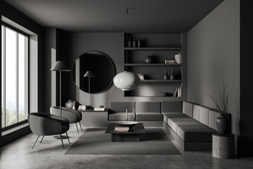 Grey living room interior with couch and chairs, shelf with window