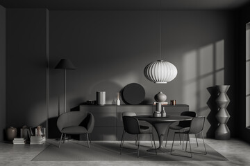Grey living room interior with table, chairs and drawer with decoration