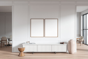Naklejka na ściany i meble Light living room interior with drawer and dining table, window. Mockup frames