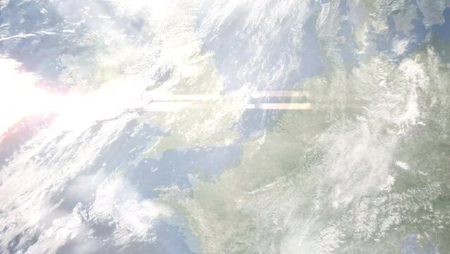 Earth zoom in from outer space to city. Zooming on Basildon, UK. The animation continues by zoom out through clouds and atmosphere into space. Images from NASA