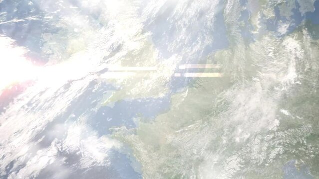 Earth zoom in from outer space to city. Zooming on Maidstone, UK. The animation continues by zoom out through clouds and atmosphere into space. Images from NASA
