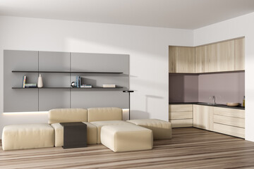 Corner view on bright studio room interior with sofa, cupboard