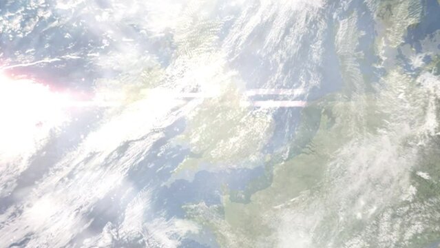 Earth zoom in from outer space to city. Zooming on Sutton Coldfield, UK. The animation continues by zoom out through clouds and atmosphere into space. Images from NASA