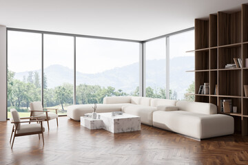 Fototapeta na wymiar Light living room interior with couch and decoration, panoramic window