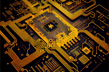 Electronic circuit with different components ideal for technology backgrounds, generative AI