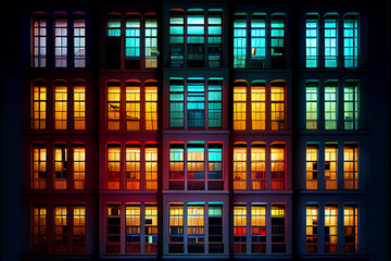 Building facade with the windows lighted in different colors, generative AI