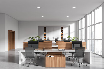 Light business room interior with coworking and meeting area, panoramic window