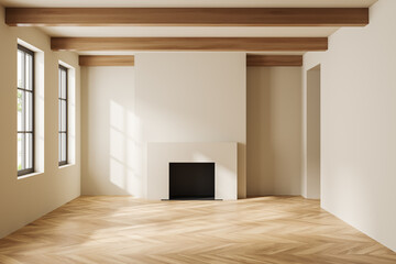 Naklejka premium Stylish empty room interior with fireplace and panoramic window