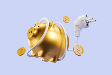 Electrical cord and gold piggy bank with coins