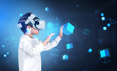 Boy wearing casual wear and vr headset touching metaverse realit