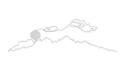 One connected line drawing.
illustration of mountain landscape, sun, clouds.
symbol in simple terms.
Vector doodle.