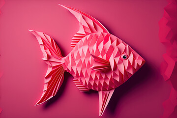 Pink paper fish origami on a backdrop of red. Generative AI