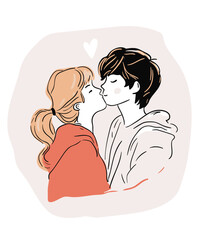 Romantic kiss of young blonde girl with ponytail and man. Line doodle illustration. Valentine's day minimalism drawing