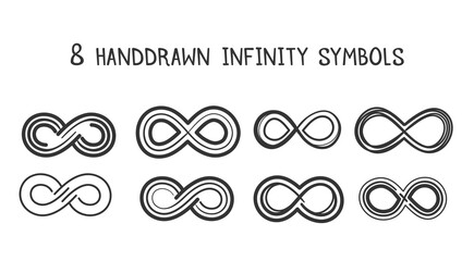 8 Hand drawn infinity symbols on white background