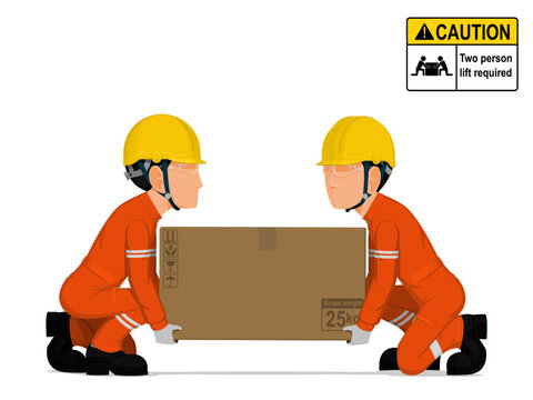 Two workers is lifting a big box on the floor