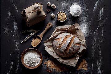 Rustic bread flour sprinkled from the white paper on black chalkboard background. Generative AI