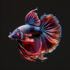 Fototapeta premium Blue and red dumbo betta fish, Fancy Halfmoon Betta, Betta splendens Pla-kad (biting fish), Rhythmic of Betta fish isolated on black background. Generative AI