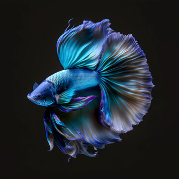 Blue halfmoon betta fish on black background. Generative AI
