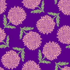 Chrysanthemum seamless pattern. Pink flowers. Hand drawn floral vector illustrations. Pen or marker sketch. Hand drawn natural pencil drawing