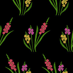 Gladiolus seamless pattern. Pen or marker flowers sketch. Floral vector illustrations. Hand drawn natural pencil drawing
