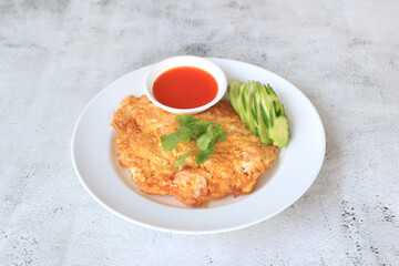 Asian omelet with chilli sauce favorite food in Thailand, cooking food popular in Thailand menu resturant.