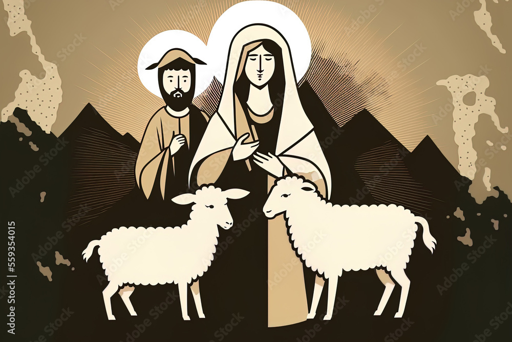 Wall mural the gospel of jesus composition for christmas image of two sheep going with a mother holding a child