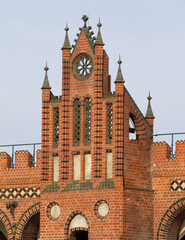 Detail of tower and gable in the Oberbaum Bridge over the Spree River in the city of...