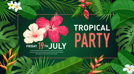 Tropical banner design template. Dark green theme with coral frame and hibiscus flowers. Palm, monstera leaves, tropical exotic flowers. Best for invitations, flyers, party posters. 
