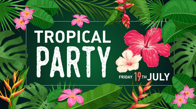 Tropical banner design template. Dark green theme with hibiscus flowers, palm, monstera leaves, tropical exotic flowers. Best for invitations, flyers, party posters. 