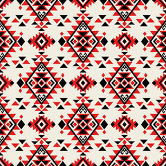 Bohemian aztec ornaments in navajo style pattern in red, black and white colors. Aztec geometric art ornament print. Vector illustration - obrazy, fototapety, plakaty
