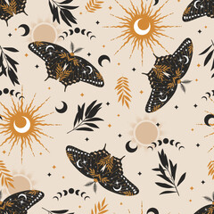 Elegant celestial seamless pattern with herbs. Boho magic background with space elements stars, butterflies. Design for card, fabric, print, greeting, cloth, poster, clothes, textile.