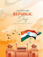 26 january with flag art indian celebration happy republic day India greetings. vector illustration design.