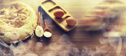Abstract food background. Lavash from durum flour. Handmade fresh pastries. Pita product. Bread, flour and ingredients.