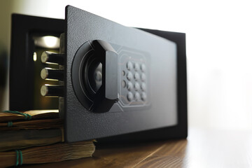 money in a residential safe close-up photo. Deposit in cash. Russian rubles are in the safe