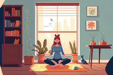 Girl sitting cross legged in her home or apartment while meditating and practicing yoga with a smile on her face. At home, a young lady is meditating with her legs crossed and her eyes closed