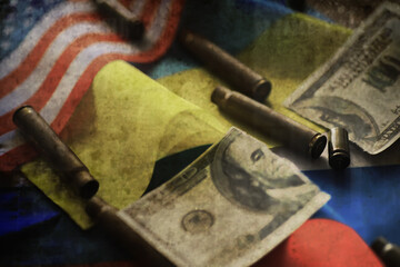 Grunge abstract background. Background concept of the war in Ukraine. Sleeve flags dirt and smoke.