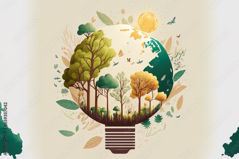 Aufkleber tree and earth globe on light bulb with windmill design for world environment day or international d