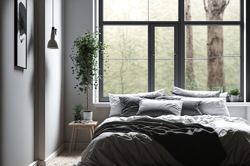 The minimalistic design of the bedroom's interior. comfortable bed in a cozy bedroom. The park may be seen from the window. modern apartment's stylish living room with contemporary furnishings