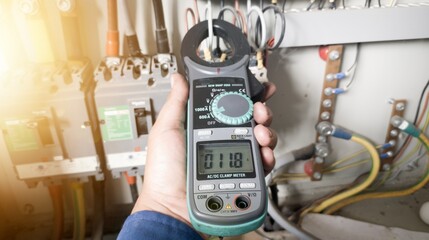 Electrian's hand is holding the multi meter or clamp meter near the electrical panel which has the...