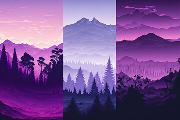 Mountain and woodland scenes with a purple gradient. Generative AI